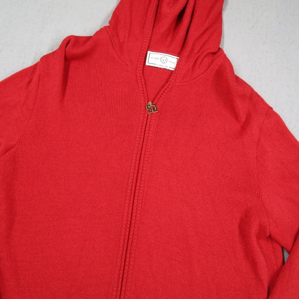 St John Sport Marie Gray Red Knit Zip Up Hoodie Gold Logo Zipper Pull Womens - Picture 2 of 12